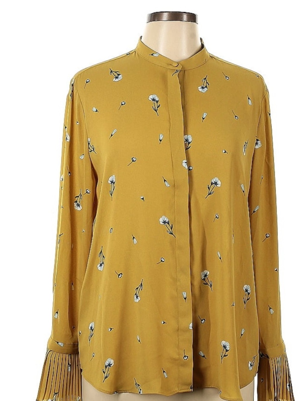 Ann Taylor Mustard Floral Mandarin Collar Button-Down Blouse